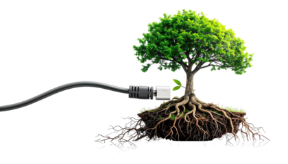 A vibrant, green tree, digitally connected via cable. Conceptual sustainability graphic