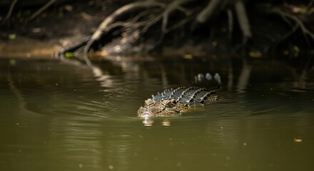 A crocodile swimming silently in murky water near the shore.