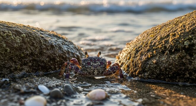 A crab hiding among rocks near the ocean shore. - Powered by Adobe