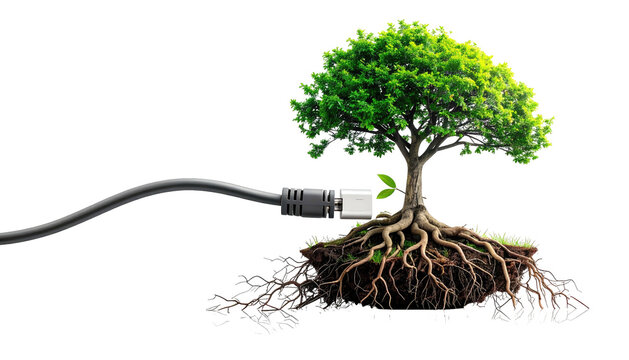 A vibrant, green tree, digitally connected via cable. Conceptual sustainability graphic