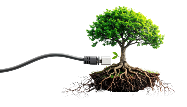 A vibrant, green tree, digitally connected via cable. Conceptual sustainability graphic