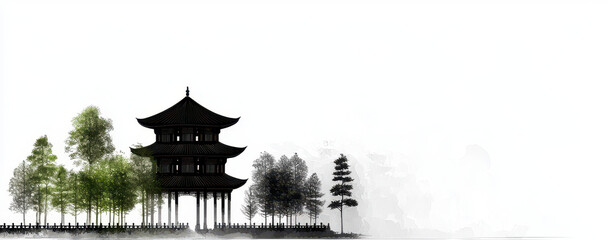 Obraz premium Elegant Chinese pagoda surrounded by lush trees, showcasing traditional architecture and serene landscape