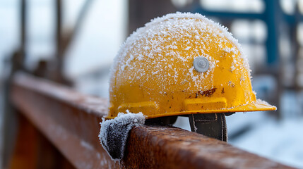Frozen yellow safety helmet on rusty metal beam. Winter scene, cold weather, safety equipment. Protect yourself when you need it the most! Construction and winter.