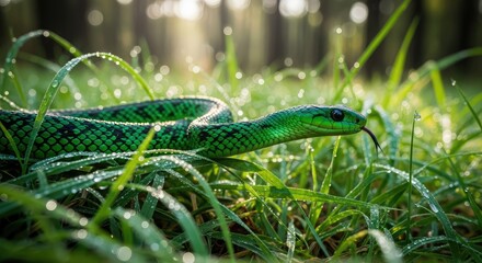 A green snake slithering through tall grass in the forest.