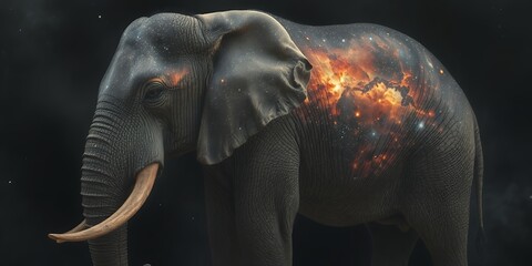 Surreal Digital Art of Large Elephant Featuring Burning Nebula and Vibrant Cosmic Stars Integrated into its Skin Structure