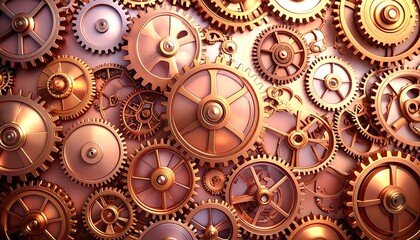 A close-up view of metallic, interlocked mechanical components of varying sizes, bathed in warm light. The gears are intricately designed