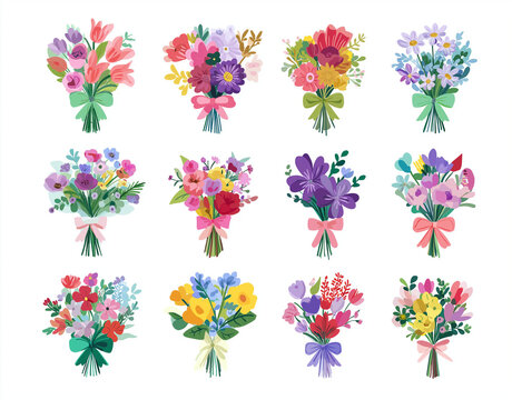 Vibrant collection of charming floral bouquets with colorful ribbons, perfect for invitations, cards, and joyful celebrations.