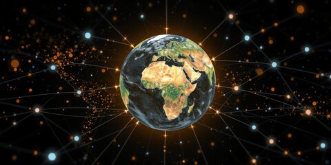 Planet Earth centered on Africa and Europe surrounded by glowing interconnected data network global communication technology concept