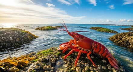 A lobster resting on rocks near the shallow coastal water.