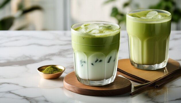 refreshing iced matcha latte in transparent glass on marble counter