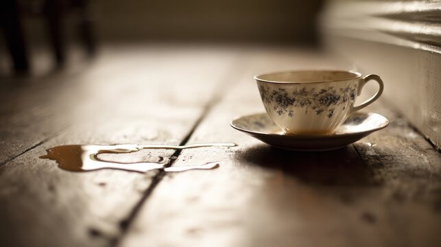 A tilted teacup on a table edge, tea nearly spilling in the morning light. bar promotions, beverage menus, designed for product packaging and bar promotions, enhances appetite appeal.