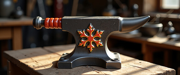 Stylish blacksmith anvil with ornate design in woodworking shop  