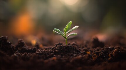 Close-up of a green sprout breaking through tilled mud at sunrise.