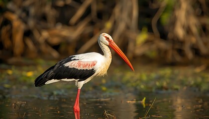 Woolly necked stork standing in water with blurred background nature scene outdoors