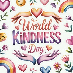 Watercolor illustration for world kindness day with hands hearts and rainbow elements around it