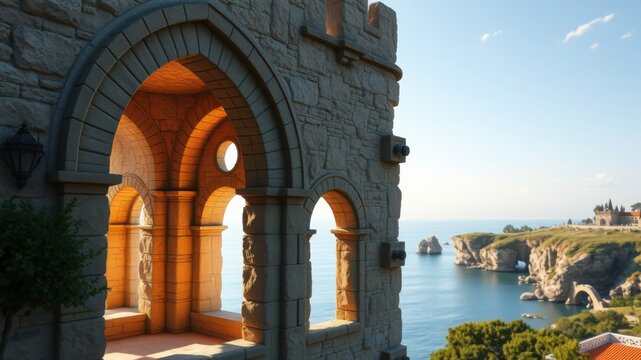 Ancient stone archway with gothic windows overlooking a dramatic coastline and sparkling blue ocean under a clear sky