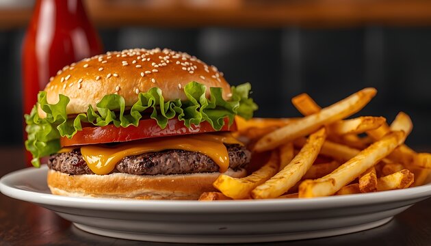 A delicious cheeseburger and fries on a plate ready to be enjoyed for a quick meal