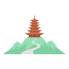 A flat landscape illustration of a traditional Asian multi-tiered pagoda on a mountain. A simple path leads to it. Transparent background.