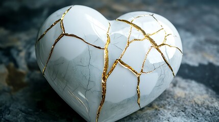Kintsugi heart sculpture symbolizing resilience and healing after brokenness