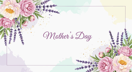A Mother's Day slide background. Elegant watercolor bouquets of peonies and lavender adorn the corners of the composition. A romantic style, delicate colors, light splashes, and gold accents.
