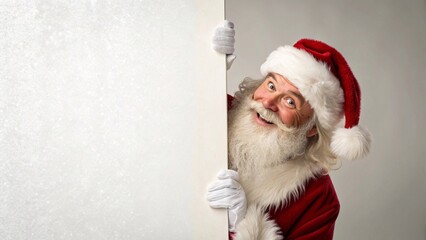 Happy Santa Claus with a white beard peeking from behind a large white textured board for your festive holiday season designs