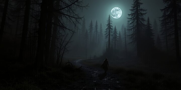 Mysterious dark forest landscape silhouette figure walking along muddy path under bright full moon through thick fog