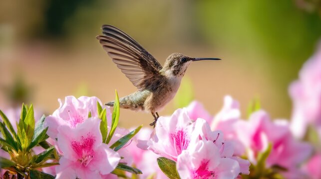 A hummingbird in motion among vibrant flowers, wings blurred against a soft background. wildlife magazines, conservation campaigns, designed for wildlife conservation campaigns.