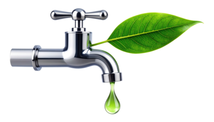 Polished metal tap with a large green leaf and a single green drop