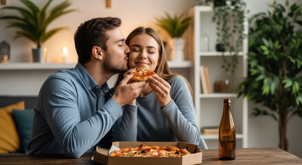 Young couple enjoys romantic pizza dinner at home, man kisses woman on cheek while she smiles blissfully
