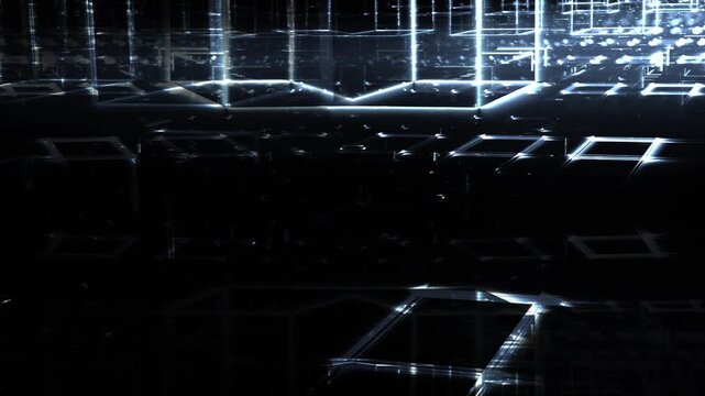 Leuchtende gitterf&ouml;rmige Geometrie f&uuml;r Technologie, Energie, Produktion & Datentransfer &ndash; moderne Architektur, Planung & Sicherheit visualisiert, blau
