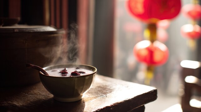 Close-up of Laba porridge bowl garnished with dates and nuts for festival.