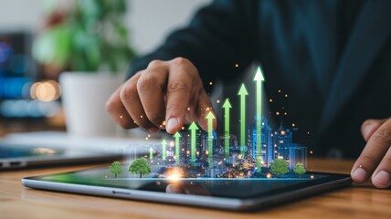 Dynamic growth concept displayed on tablet with rising arrows and cityscape, showcasing business success and future prosperity with sustainable urban development