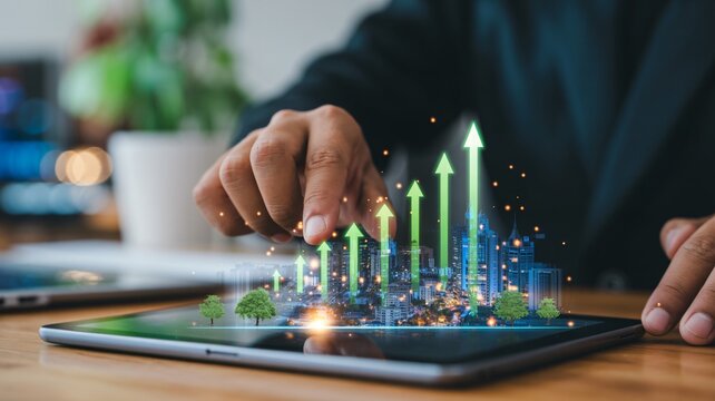 Dynamic growth concept displayed on tablet with rising arrows and cityscape, showcasing business success and future prosperity with sustainable urban development