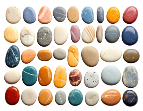 Assortment of smooth, polished river rocks in various colors and sizes