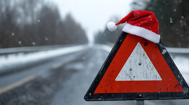 Festive caution: a roadside hazard sign humorously adorned with a Santa hat during a snowy winter, blending safety with holiday cheer. A whimsical reminder to drive safely.