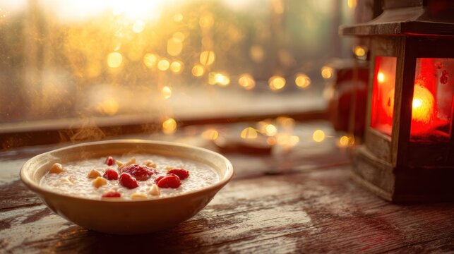 Traditional Laba porridge with dates and nuts in cozy morning light.
