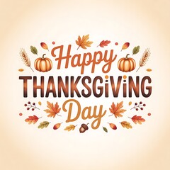 Happy thanksgiving day text with pumpkins leaves and wheat on a beige colored background design art