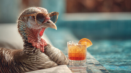 A turkey wearing sunglasses relaxing by the pool with a cocktail on a sunny day in the summer heat