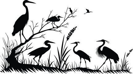 Elegant silhouette featuring a flock of herons amidst reeds, a timeless symbol of nature's grace suitable for diverse creative projects