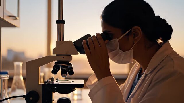 A woman examines a sample closely under a microscope in a lab filled with light. The woman&rsquo;s focus on the microscope highlights her dedication to scientific research and discovery.