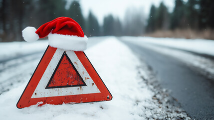 Holiday hazard. A triangular hazard sign on a snowy road wears a Santa hat, blending festive cheer with a touch of caution during the winter season, symbolizing safety awareness.
