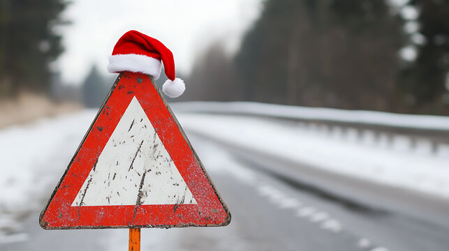 Festive hazard. A red and white triangular warning road sign on a snowy road, humorously accessorized with a Santa Claus hat.  Be aware of the hazardous winter weather!