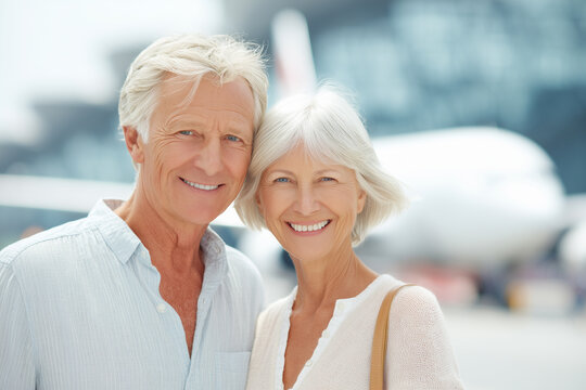 Senior couple at airport. Elderly husband and wife enjoying time together. Concept of love, travel, active senior lifestyle. Blurred airplane in background.