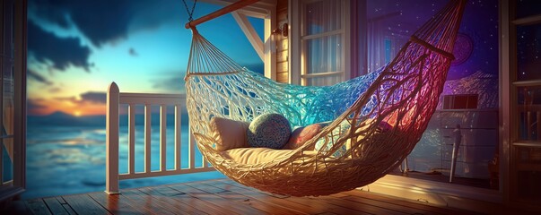 Cozy hammock overlooking a serene sunset by the water.