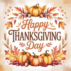 Happy thanksgiving day text with pumpkins acorns leaves and berries in a decorative arrangement