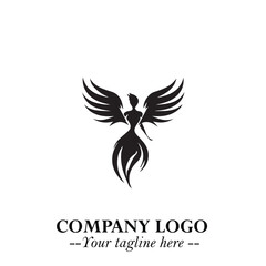 Obraz premium Elegant Black Angel Woman Silhouette Logo Symbol on White Background