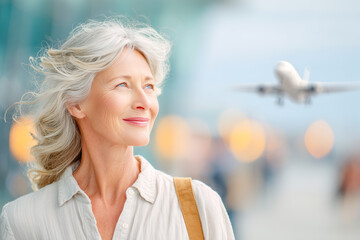 An older woman dreams of and longs for a vacation, a trip to warmer latitudes. Concept of travel, active senior lifestyle. Blurred airplane in background.