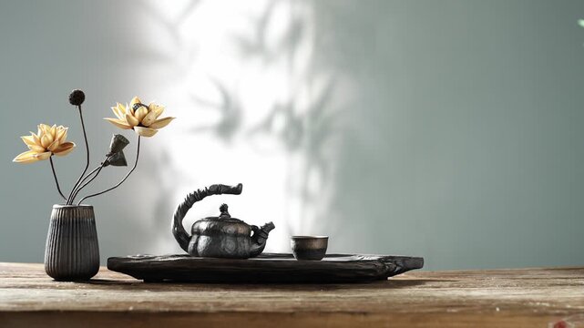 Traditional Tea Set with Lotus Flowers and Bamboo Shadows - Zen Meditation Arrangement