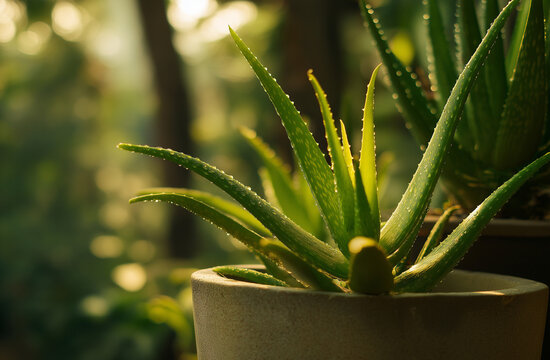 Vibrant green aloe vera plant glistening with morning dew in soft golden sunlight, perfect for wellness and natural beauty themes.