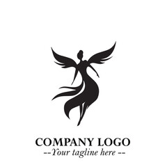 Elegant Black Angel Woman Silhouette Logo Symbol on White Background